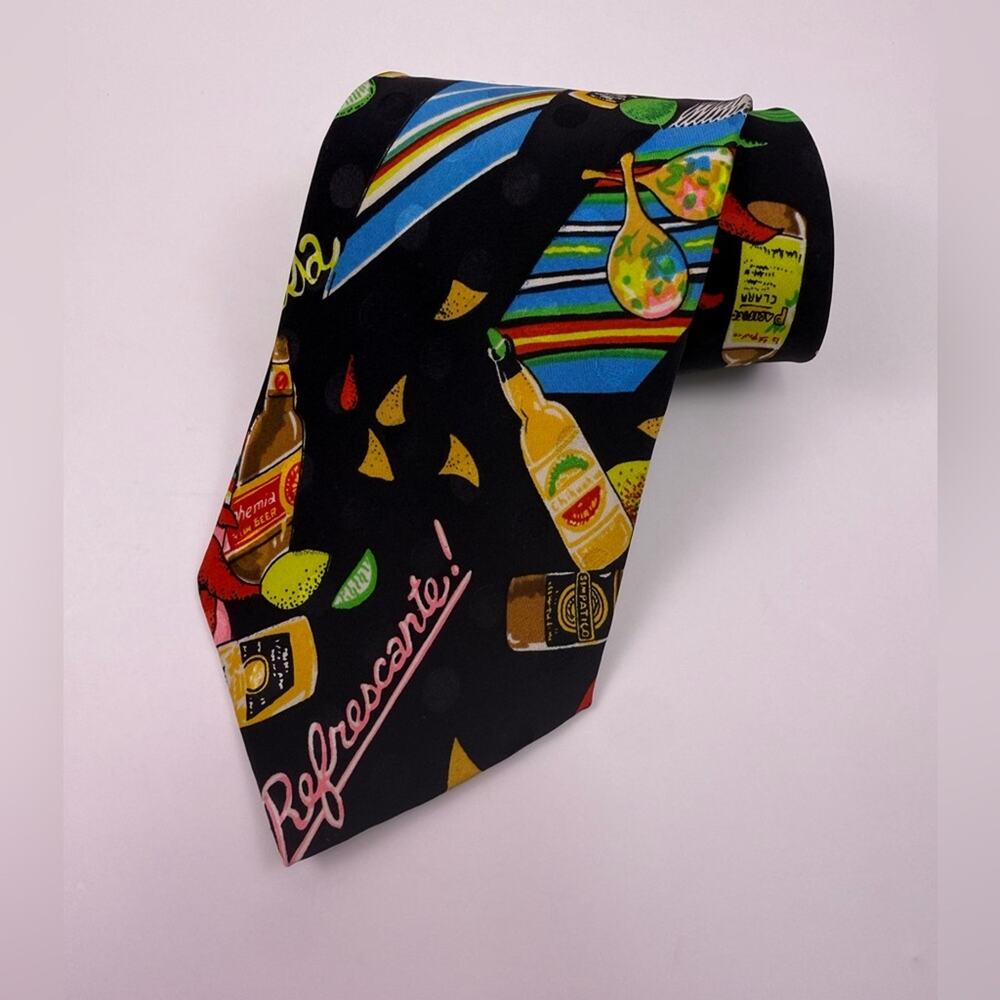Vintage Nicole Miller 1990 Silk Novelty Tie Mexican Cantina Beer Cerveza Fiesta